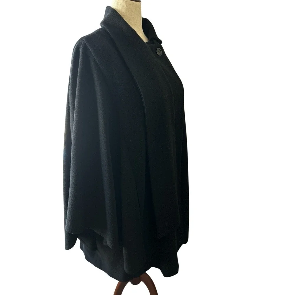 Vintage Black Cape Coat 100% Wool Women's Velvet Scarf Pockets Size Large - Picture 6 of 13